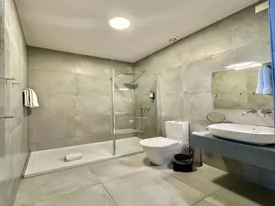 a bathroom with a shower and a toilet and a sink at Cozy Porto studio with balcony in Porto