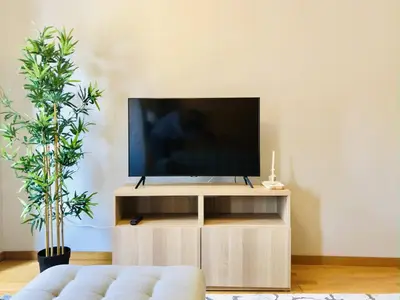 a living room with a flat screen tv on a wooden entertainment center at Cozy City Family Retreat in Porto