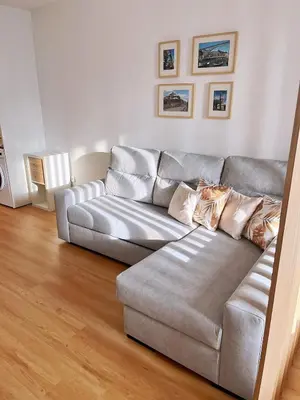 a gray couch in a living room with a wooden floor at Downtown Studio 80 meters to metro and Free Parking in Porto