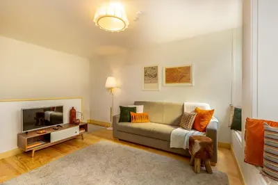 a living room with a couch and a tv at São Miguel Apartments in Porto