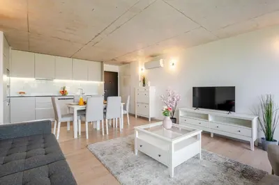 a living room with a couch and a table at HostWise - Modern Flat w/ Balcony, Garage & Pool in Vila Nova de Gaia
