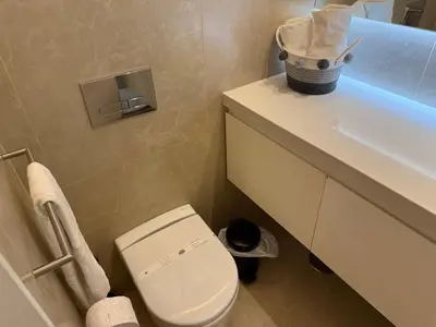 a bathroom with a white toilet and a sink at Apartment in Market Bolhão- W Views 2F in Porto