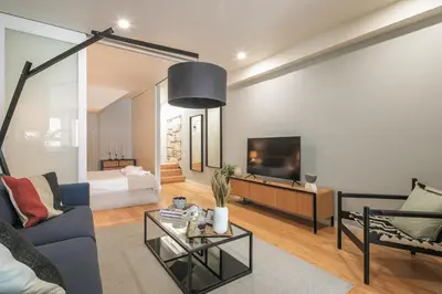 a living room with a couch and a tv at Porto Insight Apartments - Belomonte in Porto