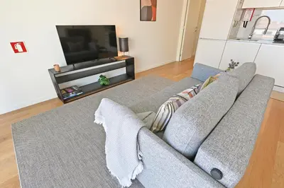 a living room with a couch and a tv at Vera Cruz Porto Apartment in Porto