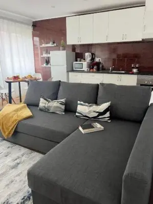 a gray couch in a living room with a kitchen at Apartamento Ponte D Luís in Vila Nova de Gaia