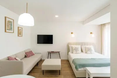 a living room with a couch and a tv at VIVA River Apartment Gaia in Vila Nova de Gaia
