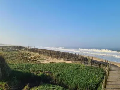 a wooden path to the beach with the ocean at Feel Porto Bacchus Townhouse in Porto