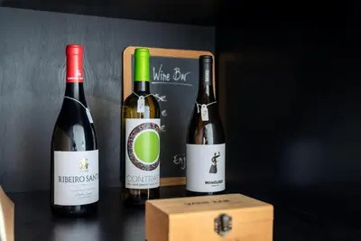 a book shelf with bottles of wine and books at Large Studio with City Views in Porto