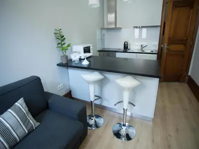 a living room with a couch and a kitchen counter at Nidos Accommodation Gaia in Vila Nova de Gaia