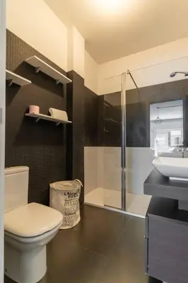 a bathroom with a toilet and a shower and a sink at Spacious 2BR en suite, downtown Porto in Porto
