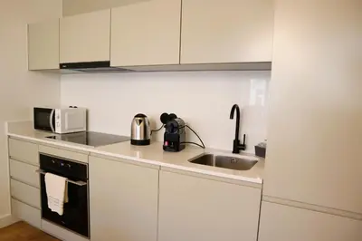 a white kitchen with a sink and a microwave at Fernandes Tomás Apartments 797 in Porto