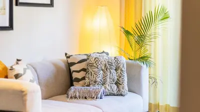 a living room with a couch with a pillow and a plant at Adorable apartment center Nao in Porto