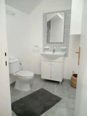 a bathroom with a toilet and a sink and a mirror at Nice Belmonte Flat in Porto