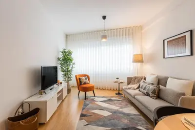 a living room with a couch and a tv at Porto Stay no Marques with AC and parking place in Porto