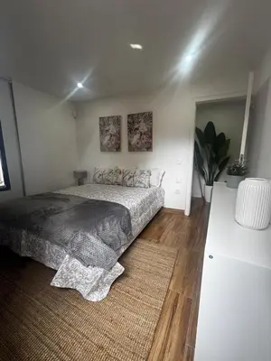a bedroom with a large bed and a rug at Simple House in the Heart of the Historic Center in Porto
