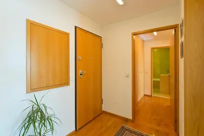 a hallway with a wooden door and a plant at Modern and quiet T1 with private Garage in Porto