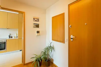a kitchen with a door and two potted plants at Modern and quiet T1 with private Garage in Porto
