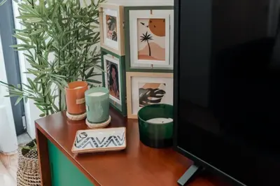 a table with a tv and a plant and pictures at Sun Charming Apartment in Porto