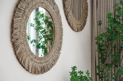 a mirror hanging on a wall next to a plant at Stylish Retreat in Central Porto Stay with Parking in Porto