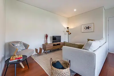 a living room with a couch and a tv at Nomad's Lux - 2bdr & Parking Flores Square Porto in Porto