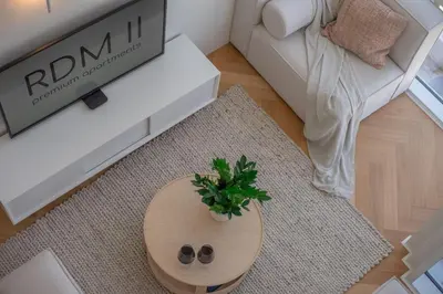 a living room with a table with a plant on it at The Dome in Porto