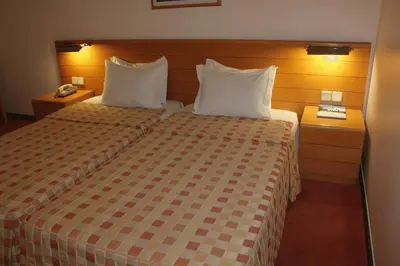a hotel room with a bed with two pillows at Hotel Douro in Porto