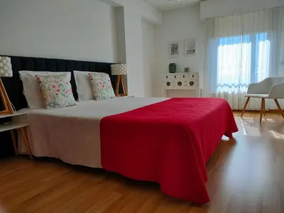 a bedroom with a large bed with a red blanket at Douro View Apartment in Vila Nova de Gaia