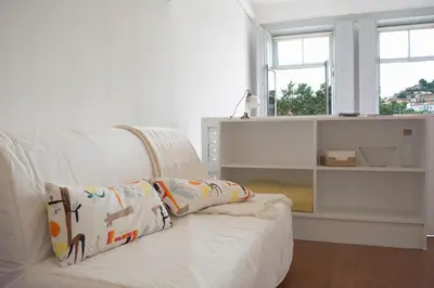 a white couch with a pillow on it in a living room at Goabio Studio River View in Porto