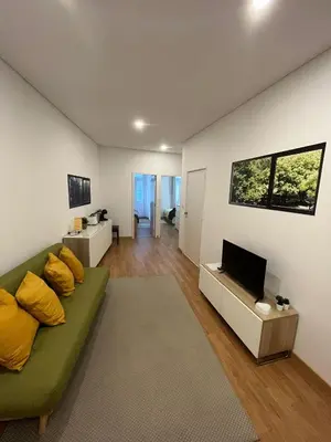 a living room with a green couch and a flat screen tv at Down Bonjardim Apartments in Porto