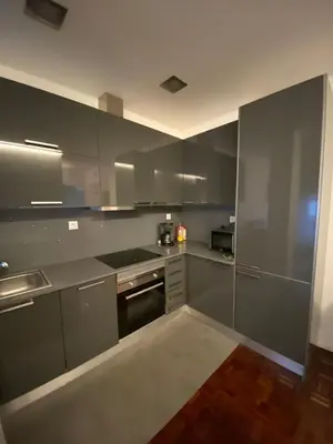 a kitchen with stainless steel appliances and gray cabinets at AP da Baixa in Porto