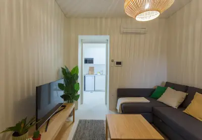 a living room with a couch and a tv at Casa da Figueiroa in Porto