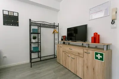 a living room with a television on a wooden cabinet at PortoVivo Quental Apartamento in Porto
