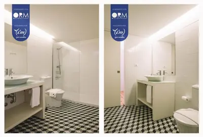 two pictures of a bathroom with a sink and a toilet at ORM - Cativo Apartments in Porto