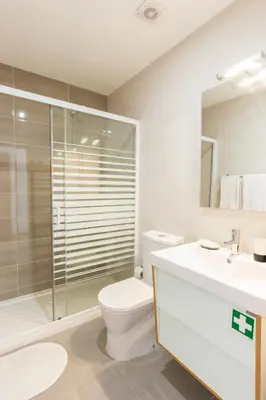 a bathroom with a toilet and a shower and a sink at Porto 271 Mouzinho Apartamentos in Porto