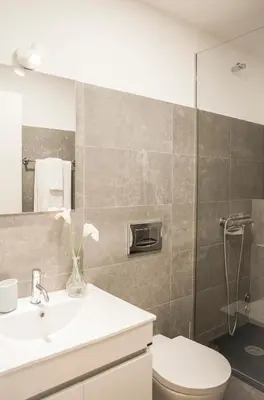 a bathroom with a sink and a toilet and a mirror at Zelije Apartments Trindade in Porto