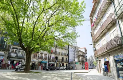 a tree in the middle of a street with buildings at LovelyStay - Cativo Mezzanine Studio in Porto