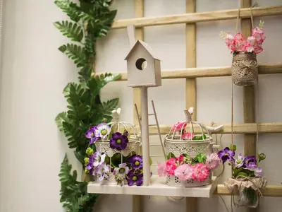 a shelf with flower pots and a bird house at OPORTO GUEST Cedofeita Terrace in Porto