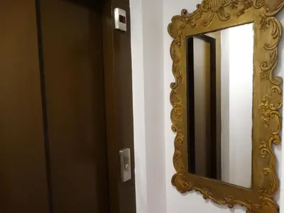 a gold mirror on a wall next to a door at Hotel Porto Rico in Porto
