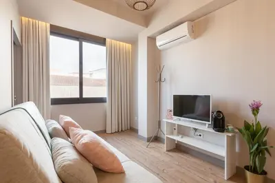 a living room with a couch and a tv at Sendme2Portugal: Santa Catarina in Porto