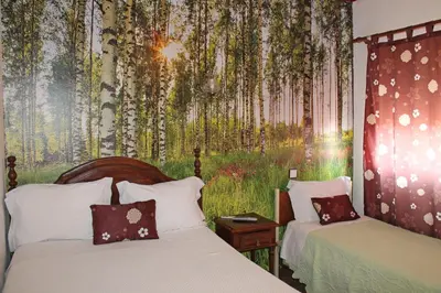 a bedroom with two beds and a mural of trees at Pensão França in Porto