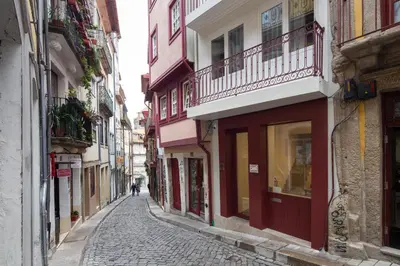 a cobblestone street in an alley with buildings at House of Artists in Porto