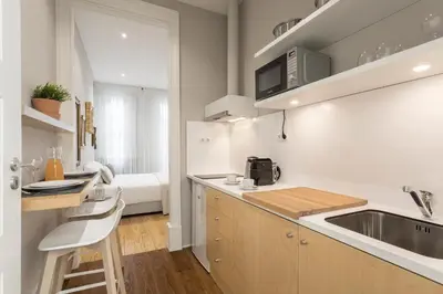 a kitchen with a sink and a counter top at Ribeira Historic Apartments in Porto