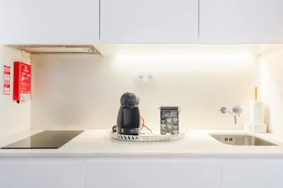 a black appliance sitting on a kitchen counter at Get a Unique and Luxury Flat in Porto