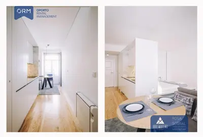 a kitchen and a living room with white walls and a table at ORM - Almada Apartments in Porto