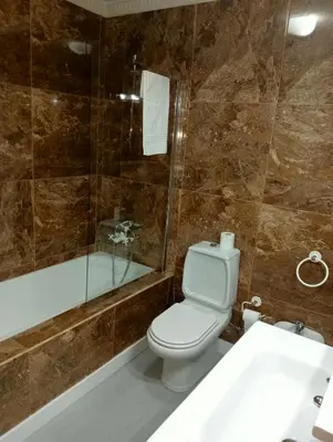 a bathroom with a toilet and a tub and a sink at Apartamento Alvares Cabral in Vila Nova de Gaia