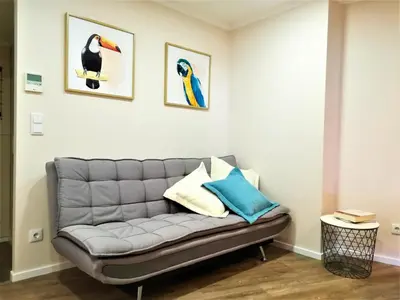 a couch in a living room with paintings on the wall at Porto Ville Touring in Porto