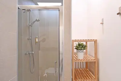 a shower with a glass door with a potted plant on a shelf at Inn Oporto Old Town Apartments in Porto