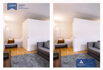 two photos of a room with a couch and a bed at ORM - 3 C´s Apartments in Porto