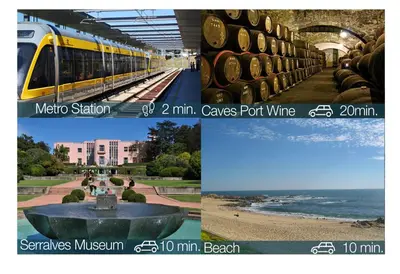 a collage of photos with a train and barrels of wine at LivingPorto Boavista in Porto