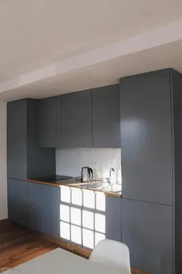 a kitchen with black cabinets and a sink in it at Lost Apartments in Porto
